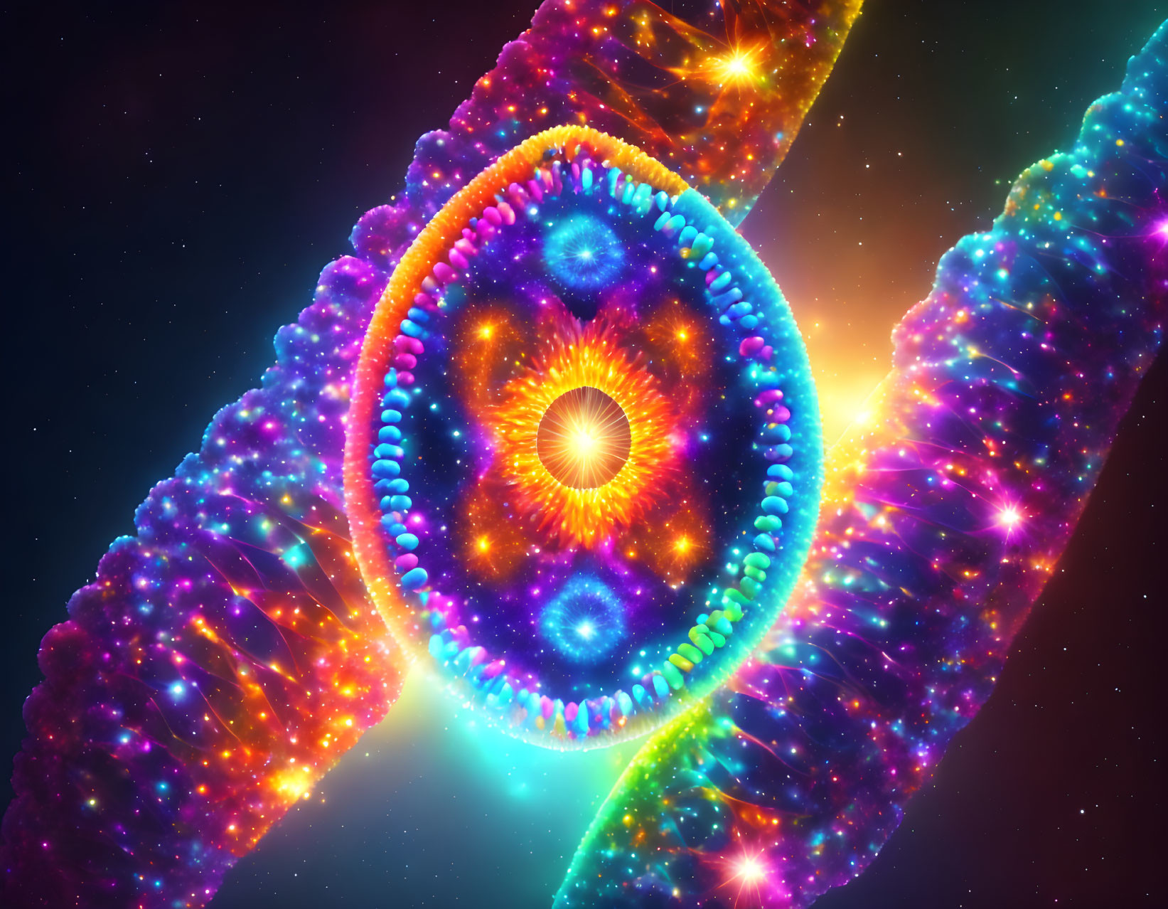 Colorful DNA digital art with glowing nucleus in starry space