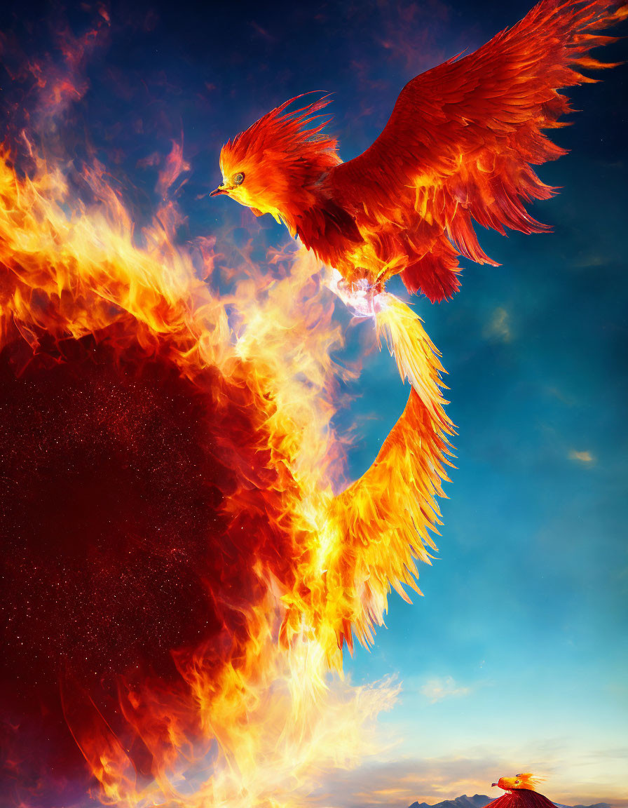 Majestic phoenix in vibrant flames against blue sky
