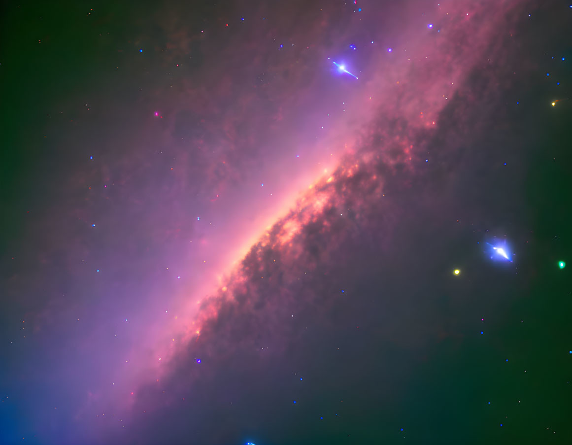 Colorful cosmic image featuring diagonal galaxy dust lane in purple and pink.