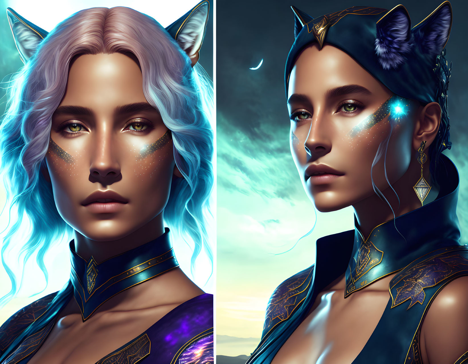 Fantasy-themed portraits of a woman with feline ears and blue hair.