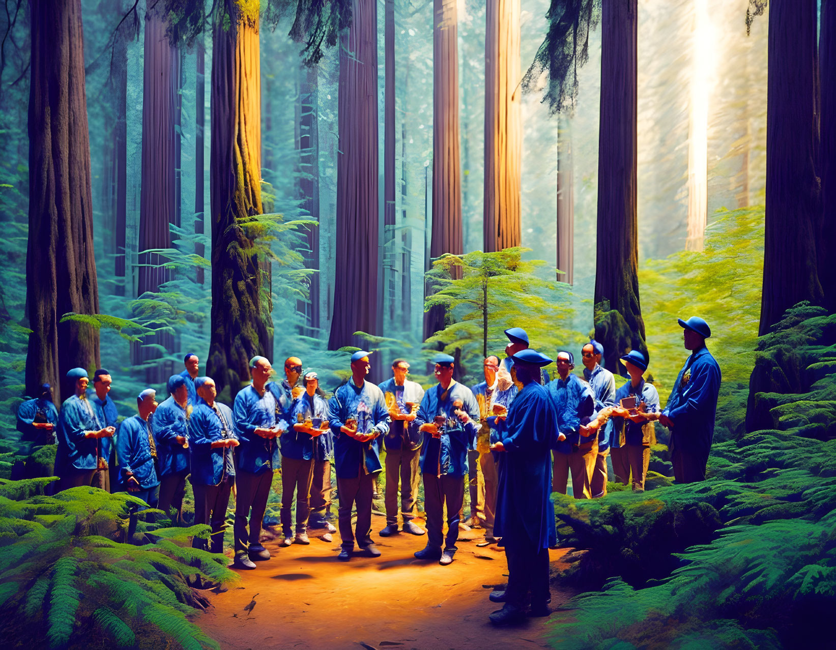 Group of individuals in blue uniforms among majestic redwood trees with instruments.