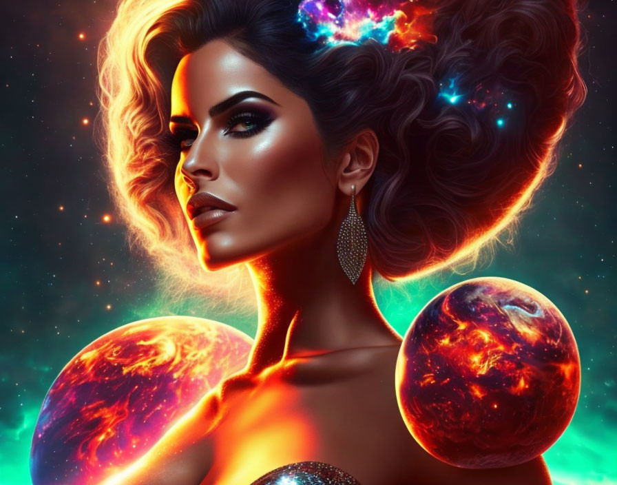 Cosmic-themed surreal portrait of a woman with vibrant galaxies and celestial bodies