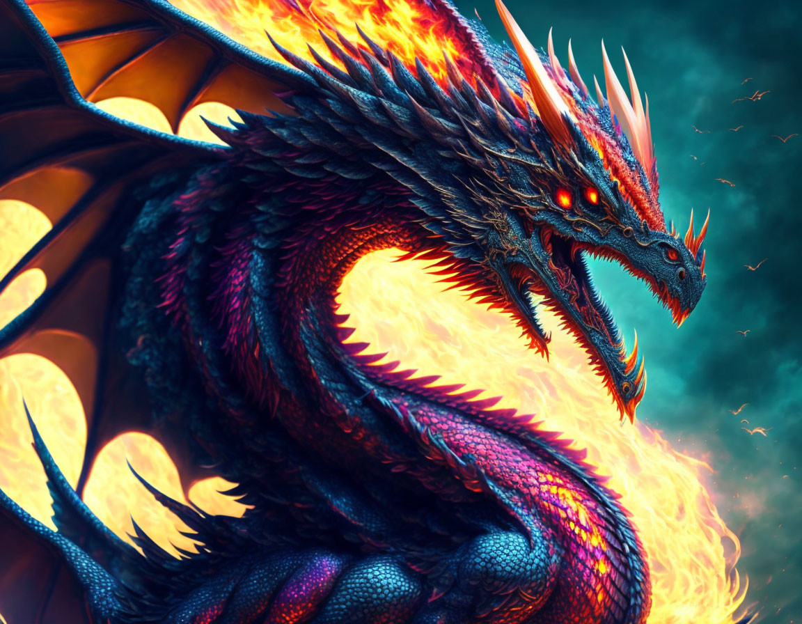 Fiery dragon with purple and blue scales in intense gaze on swirling backdrop