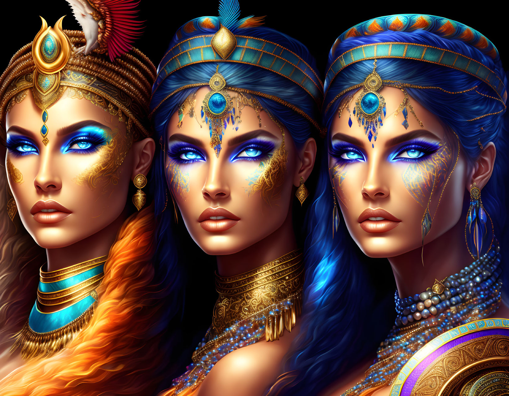 Three women adorned in elaborate golden jewelry and colorful headpieces, showcasing detailed makeup and mystical blue eyes on