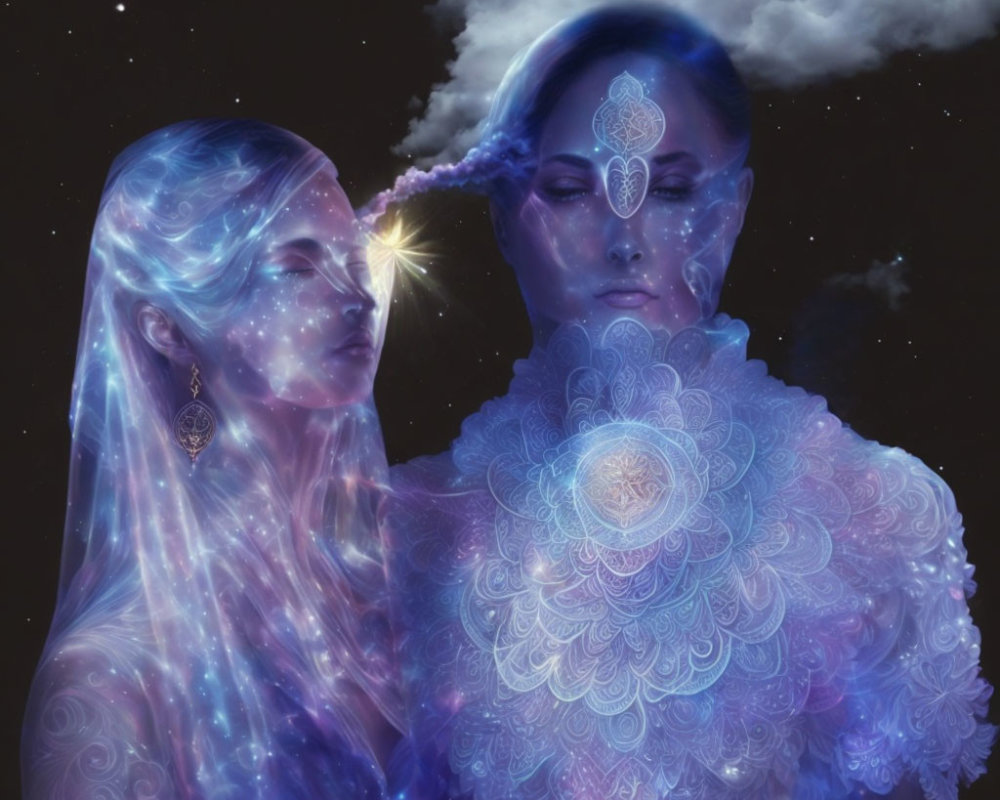 Ethereal beings with nebula-like appearances on starry background