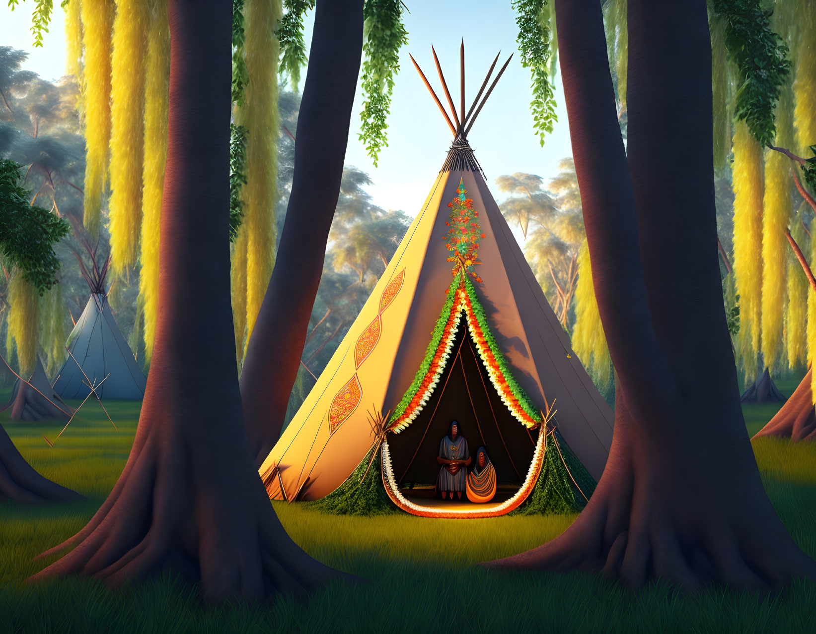 Teepee illustration in forest with yellow flowers & evening glow