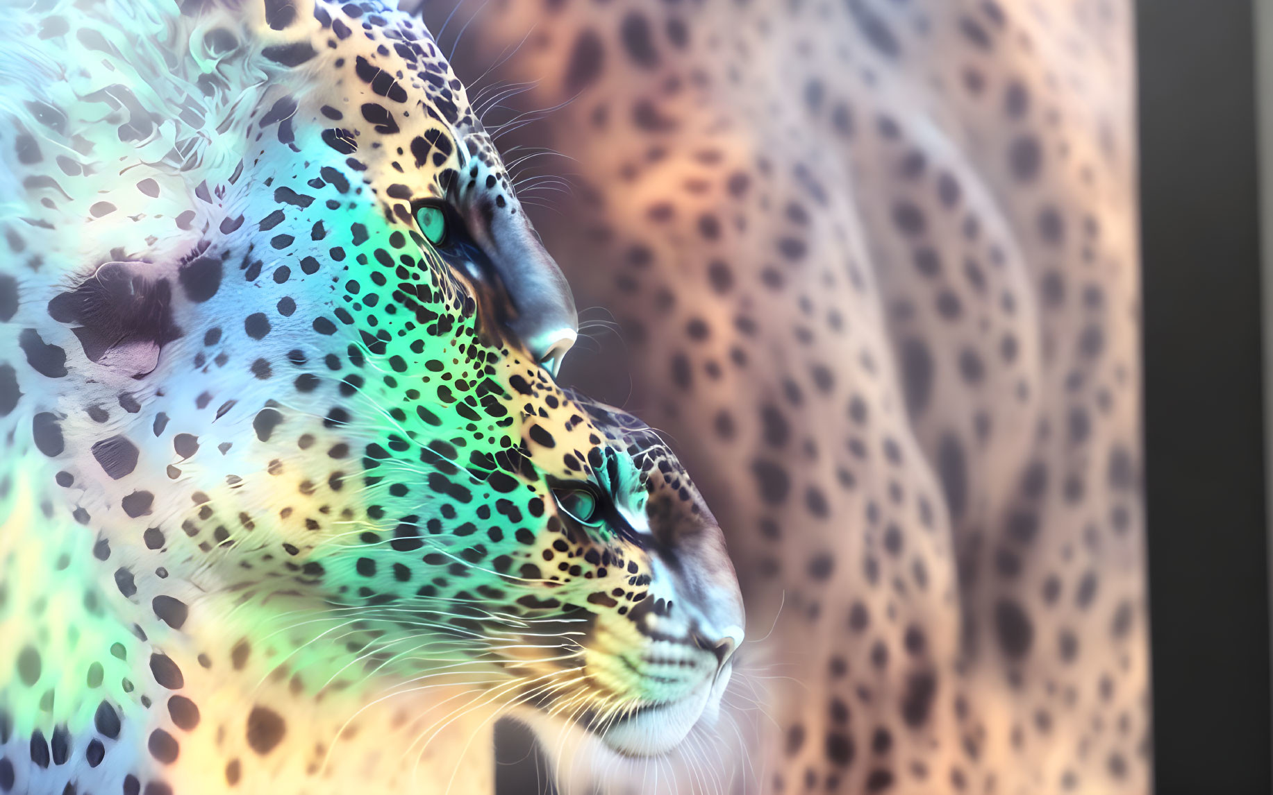 Colorful leopard-lion fusion digital art with intricate spots.