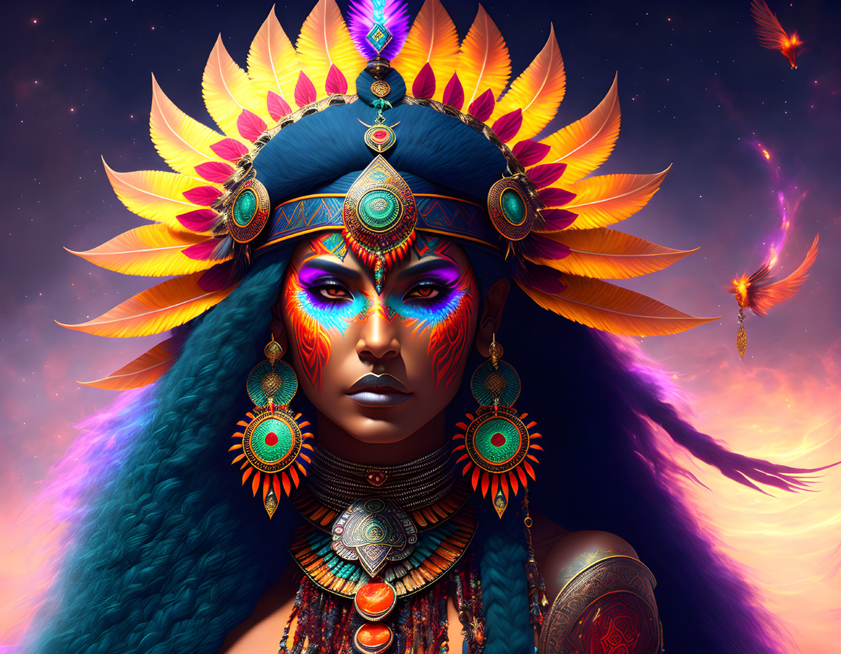 Blue-skinned woman with feathered headdress in cosmic scene