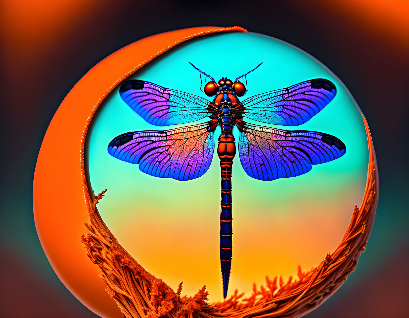 Colorful Dragonfly Perched on Plant with Detailed Wing Patterns