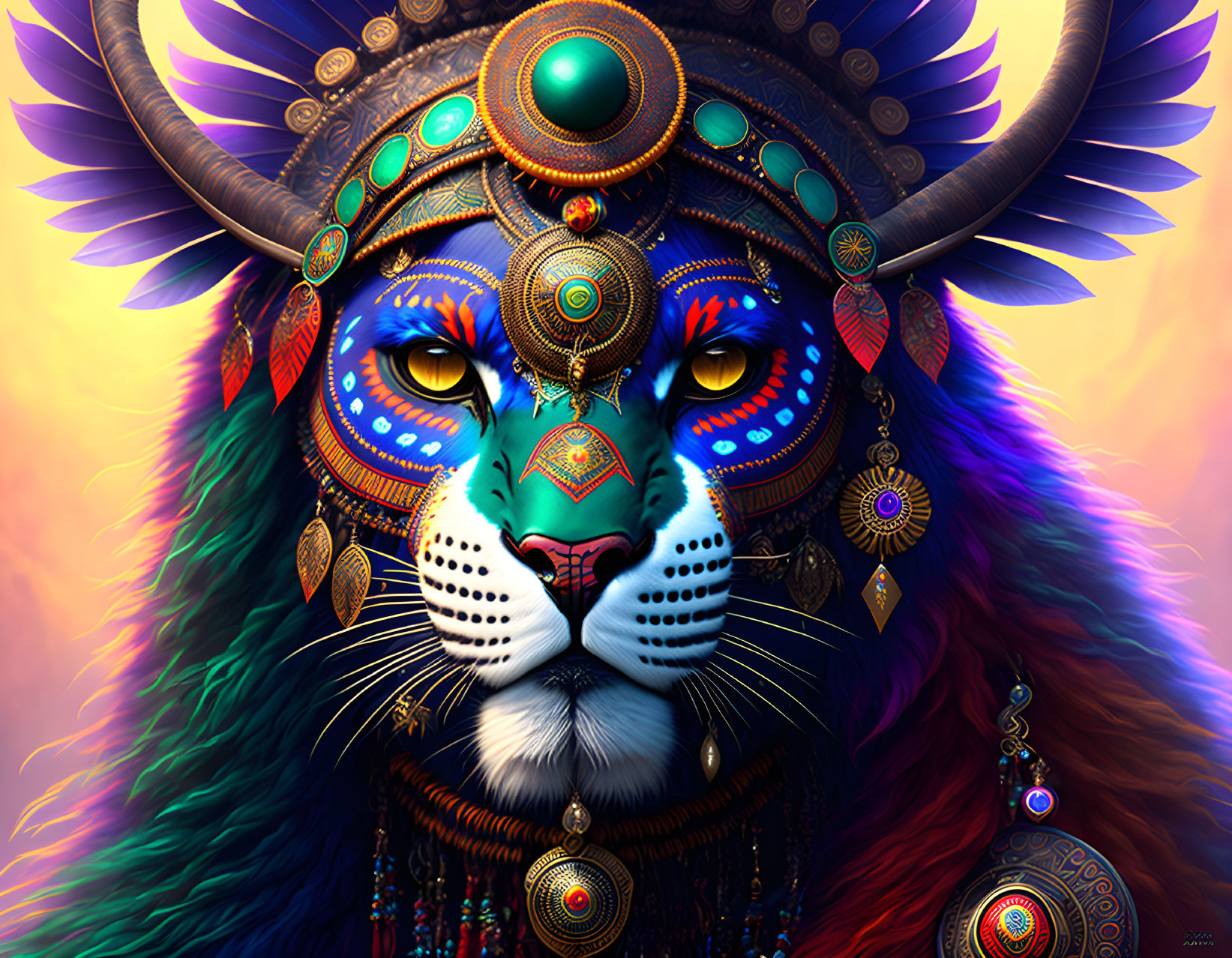 Colorful digital artwork of majestic lion with decorative face and tribal patterns