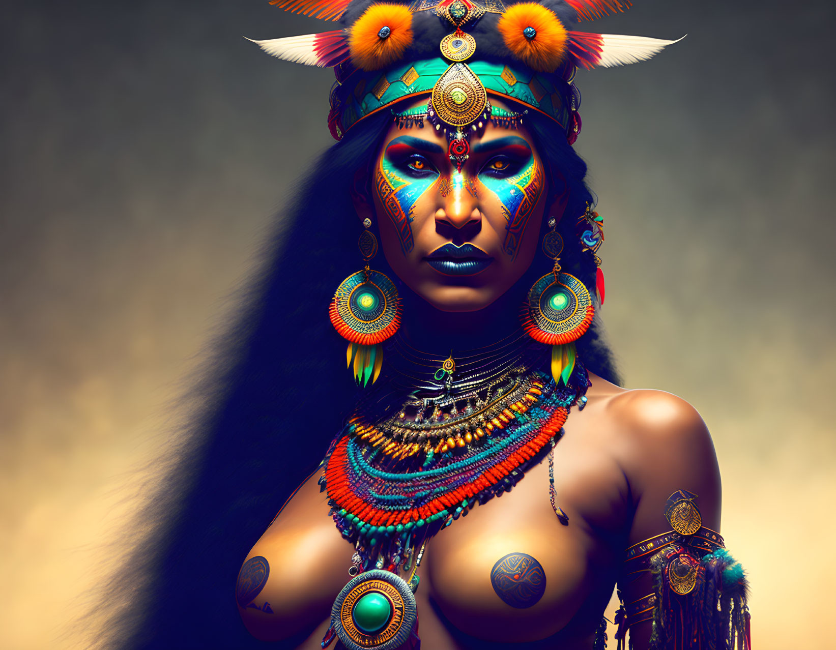 Portrait of Woman with Blue Facial Paint and Tribal Headdress