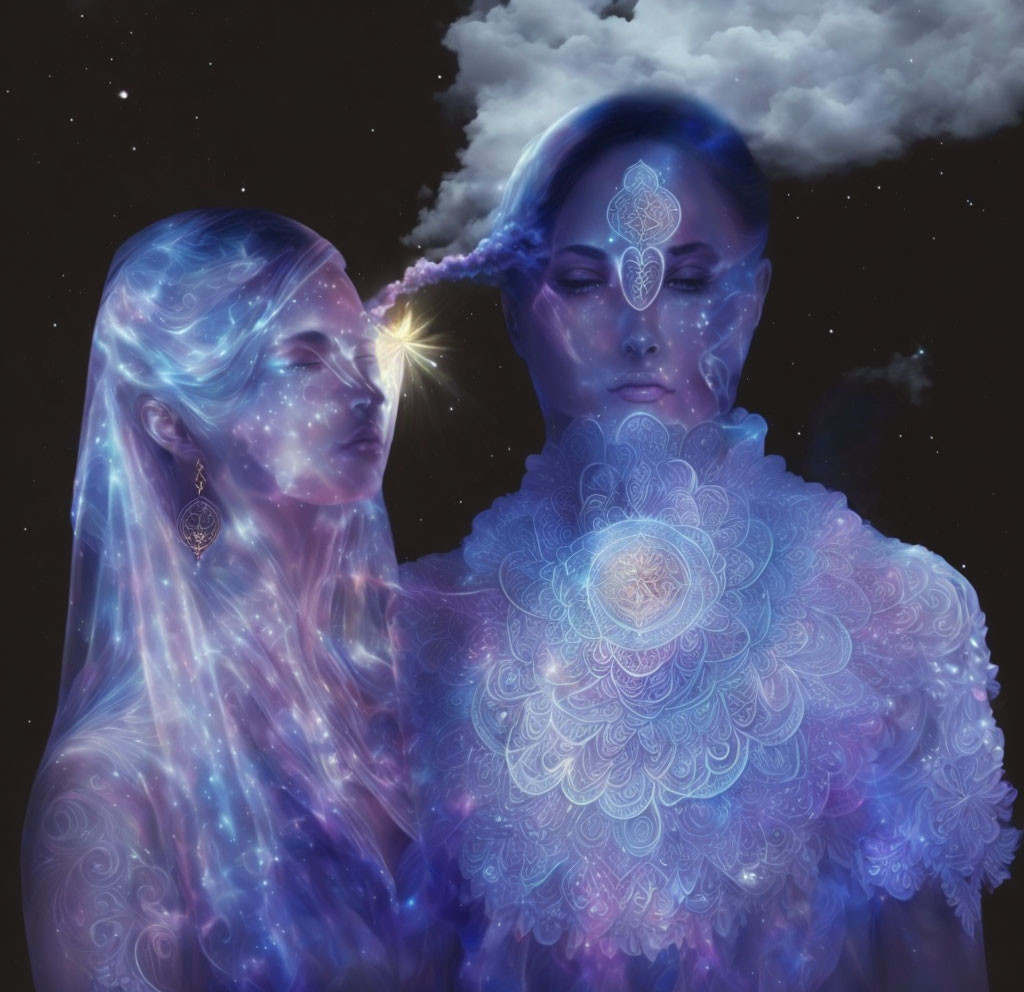 Ethereal beings with nebula-like appearances on starry background
