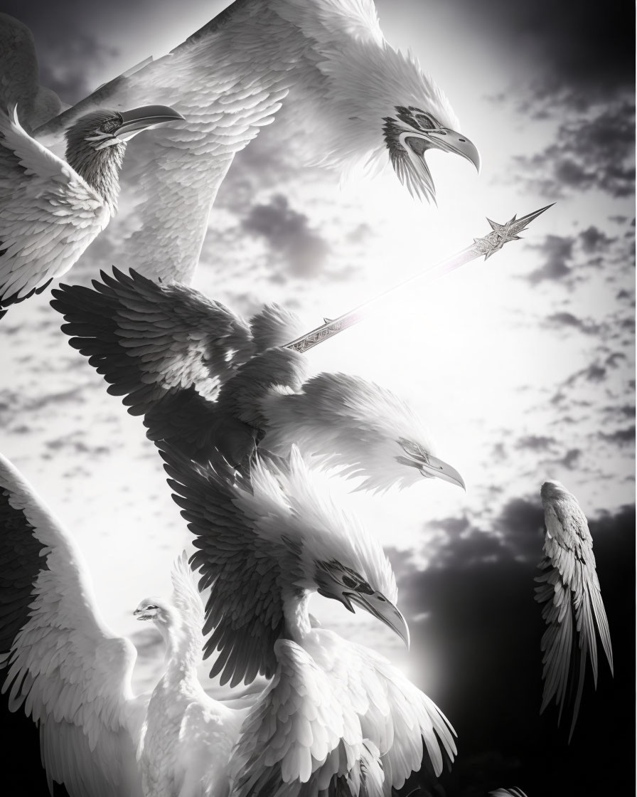 Monochrome image of multiple eagles flying with arrow.