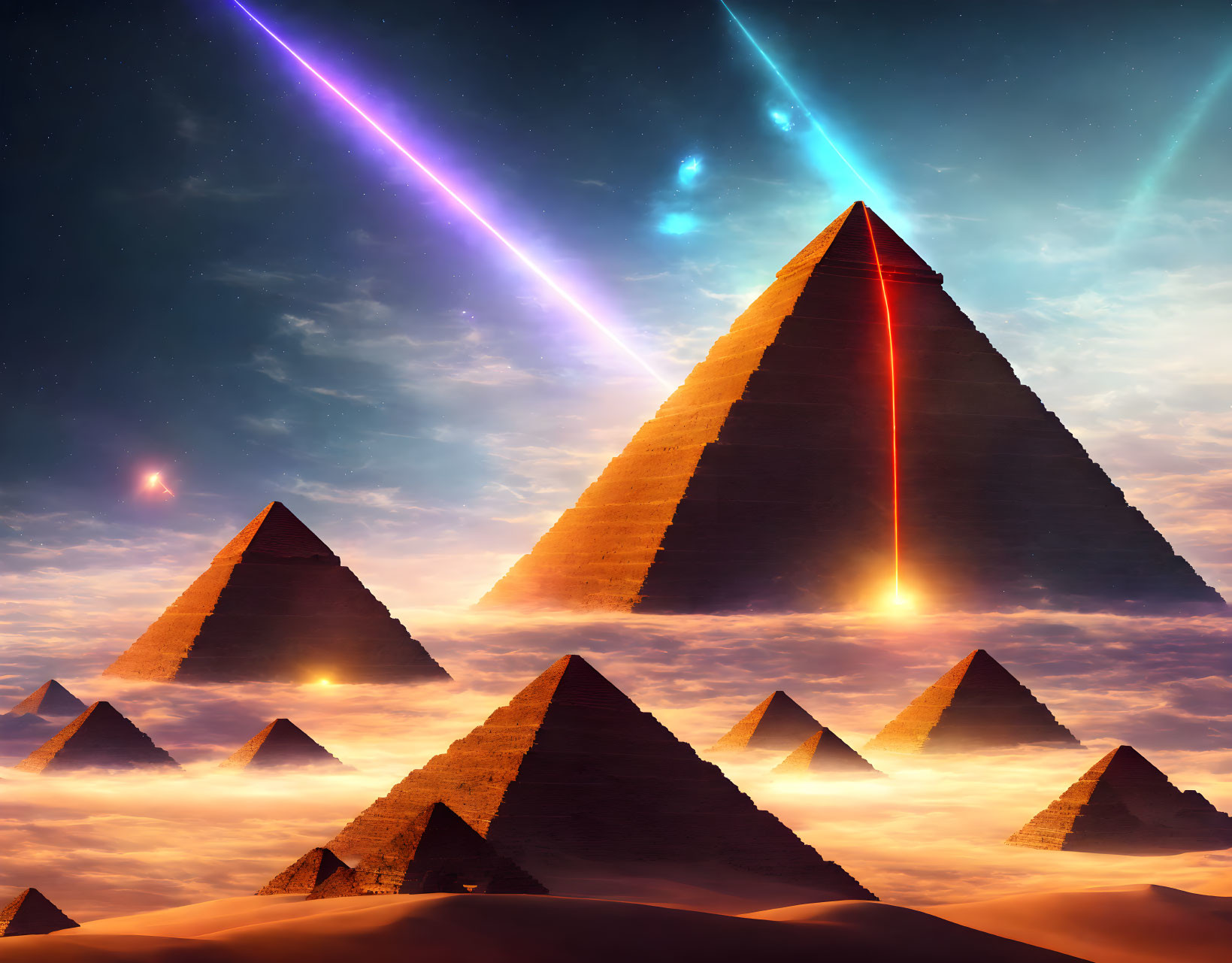 Pyramids under starry sky with cosmic lights and nebula