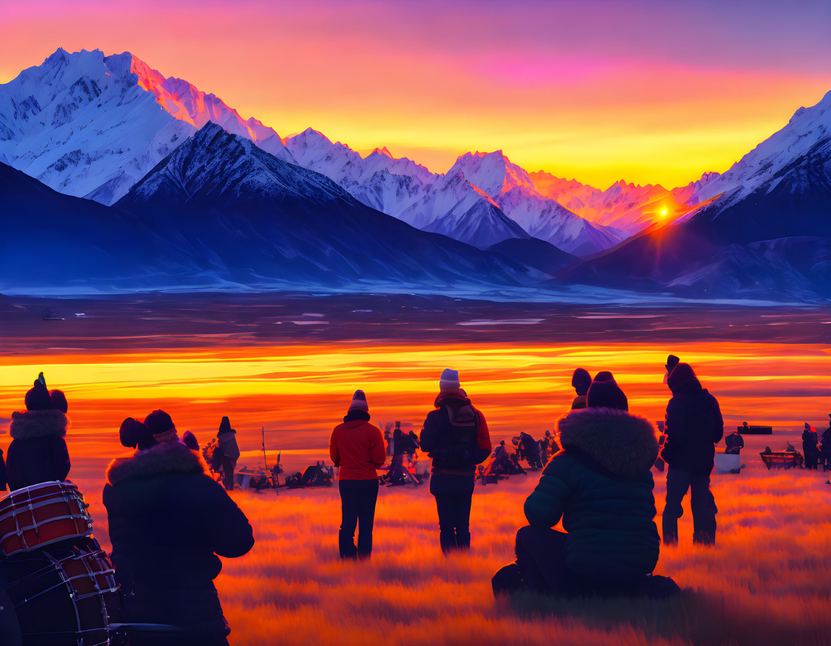 Group of People Watching Vibrant Sunrise Over Snow-Capped Mountains