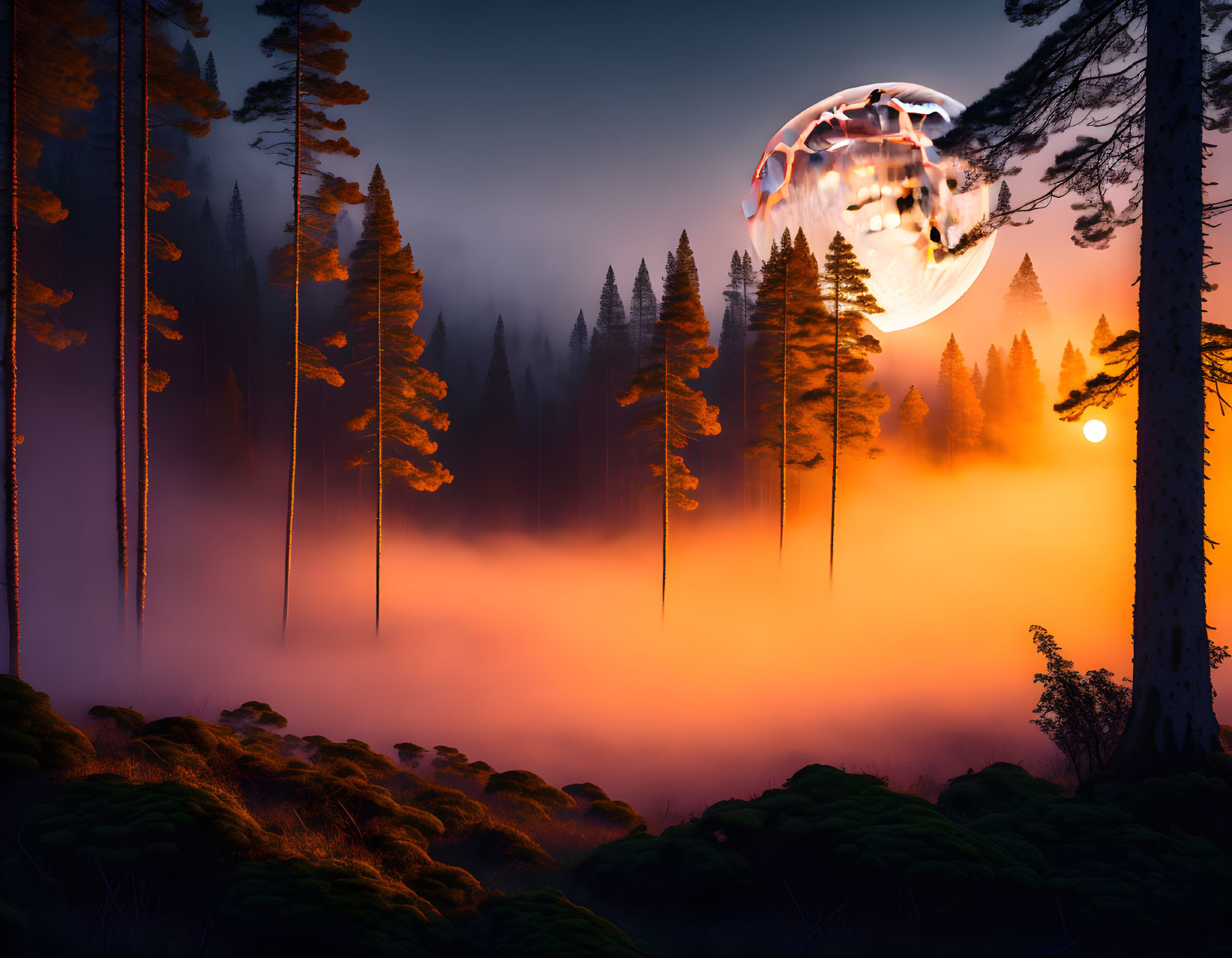 Sunset-themed mystical forest with silhouetted trees and surreal moon.