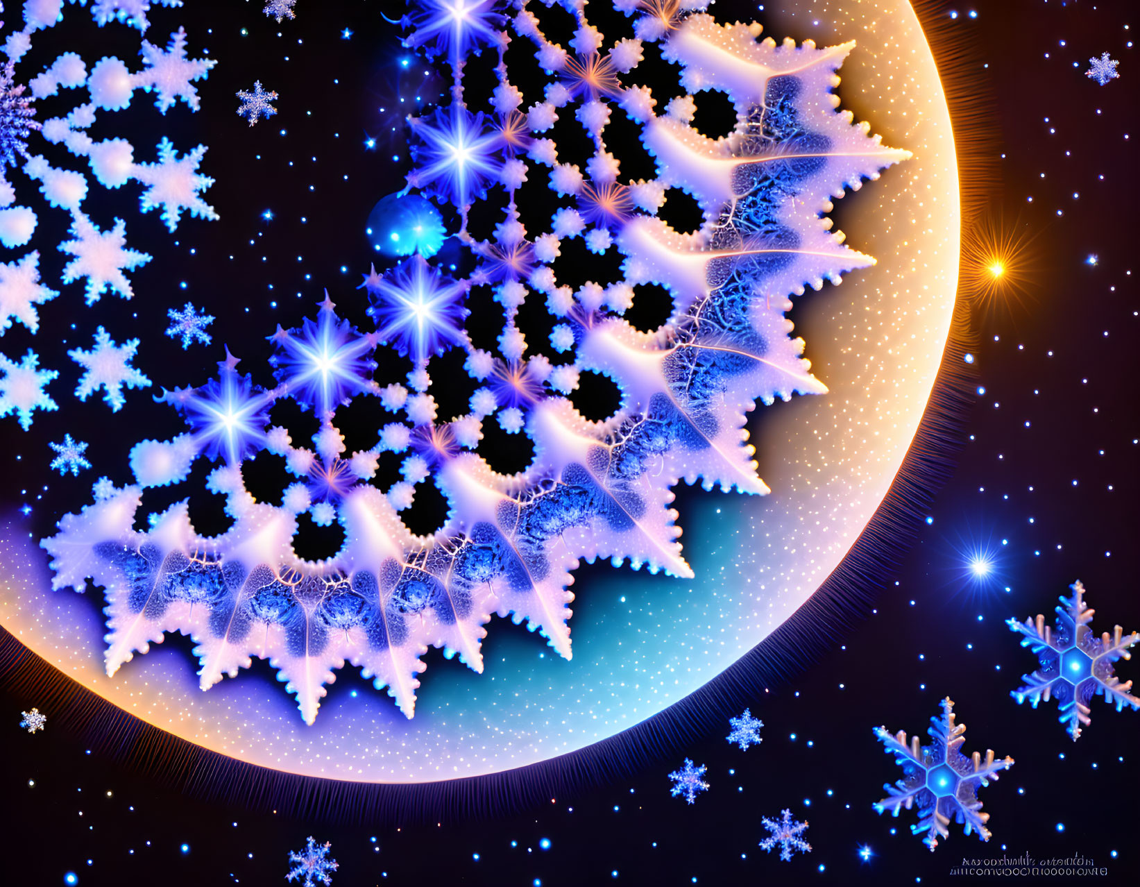 Intricate fractal snowflakes against cosmic blues and purples