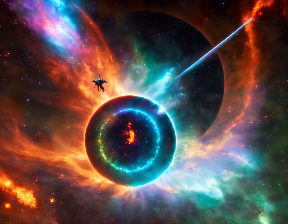 Colorful nebula, dark planet, celestial object, spaceship in vibrant space scene