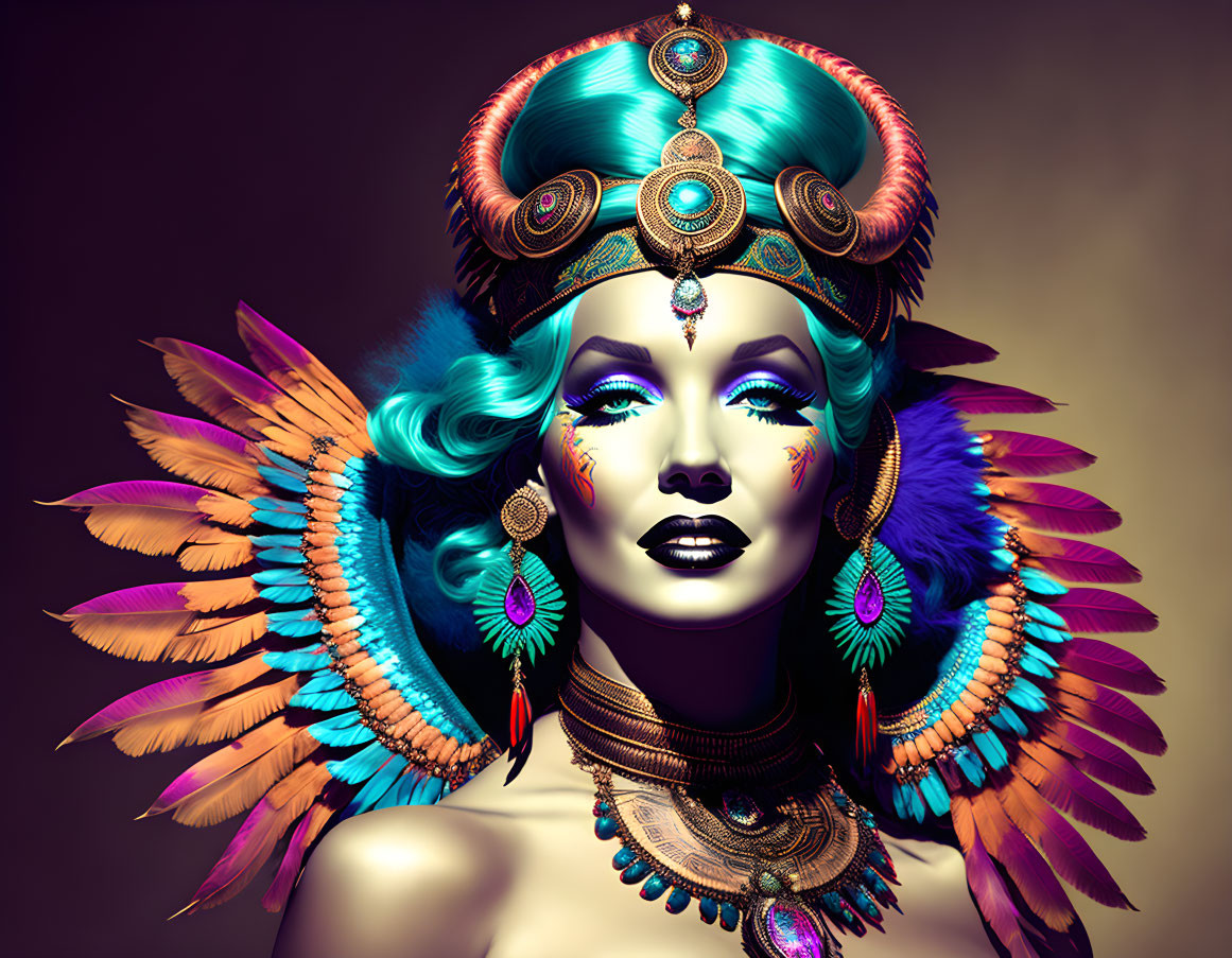 Colorful digital portrait of a woman with blue hair and feathered headdress.