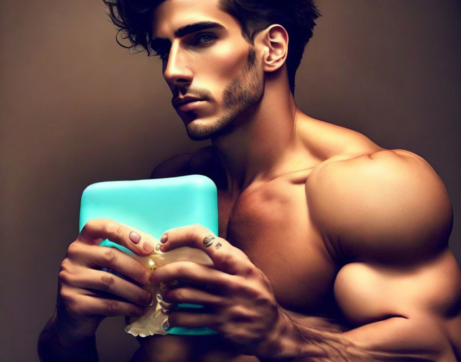 Muscular man with styled hair holding blue object, gazing sideways