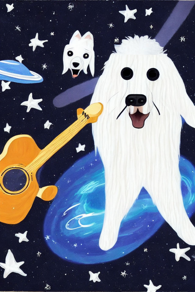 Whimsical illustration: White dog in space with galaxy, stars, smaller dog, and guitar