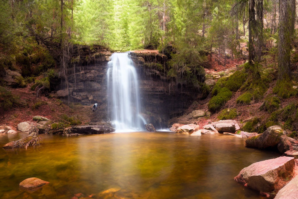 Tranquil waterfall scene with person in blue observing nature