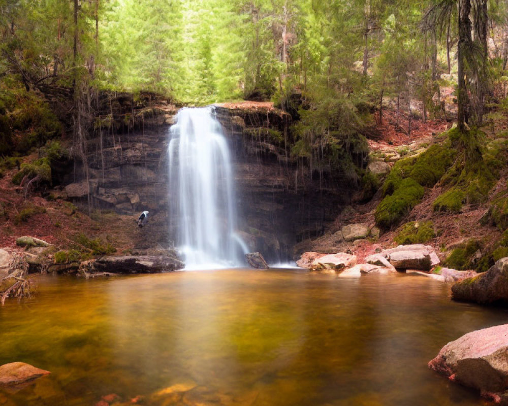 Tranquil waterfall scene with person in blue observing nature