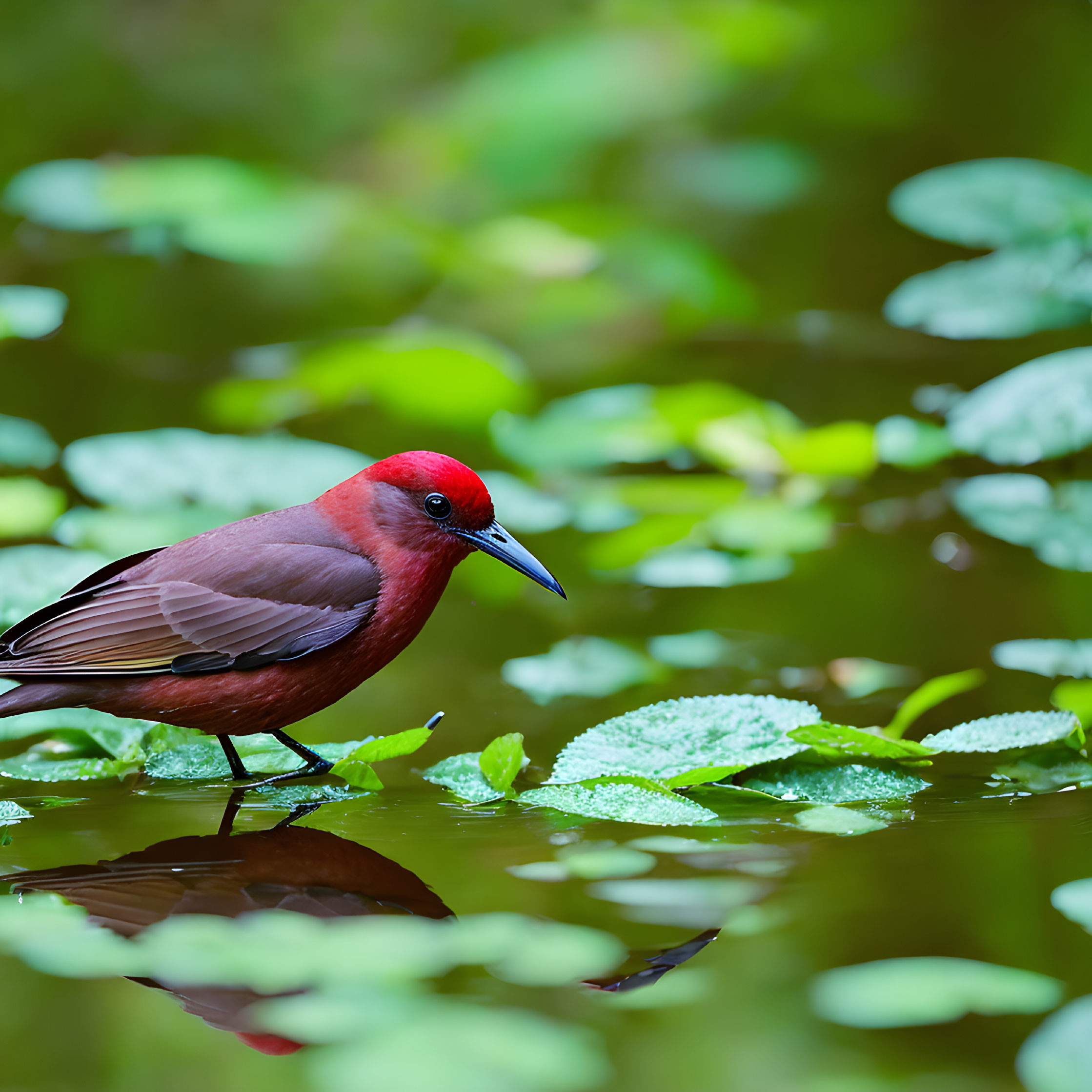 Red bird with smooth plumage among green leaves and reflection in water.