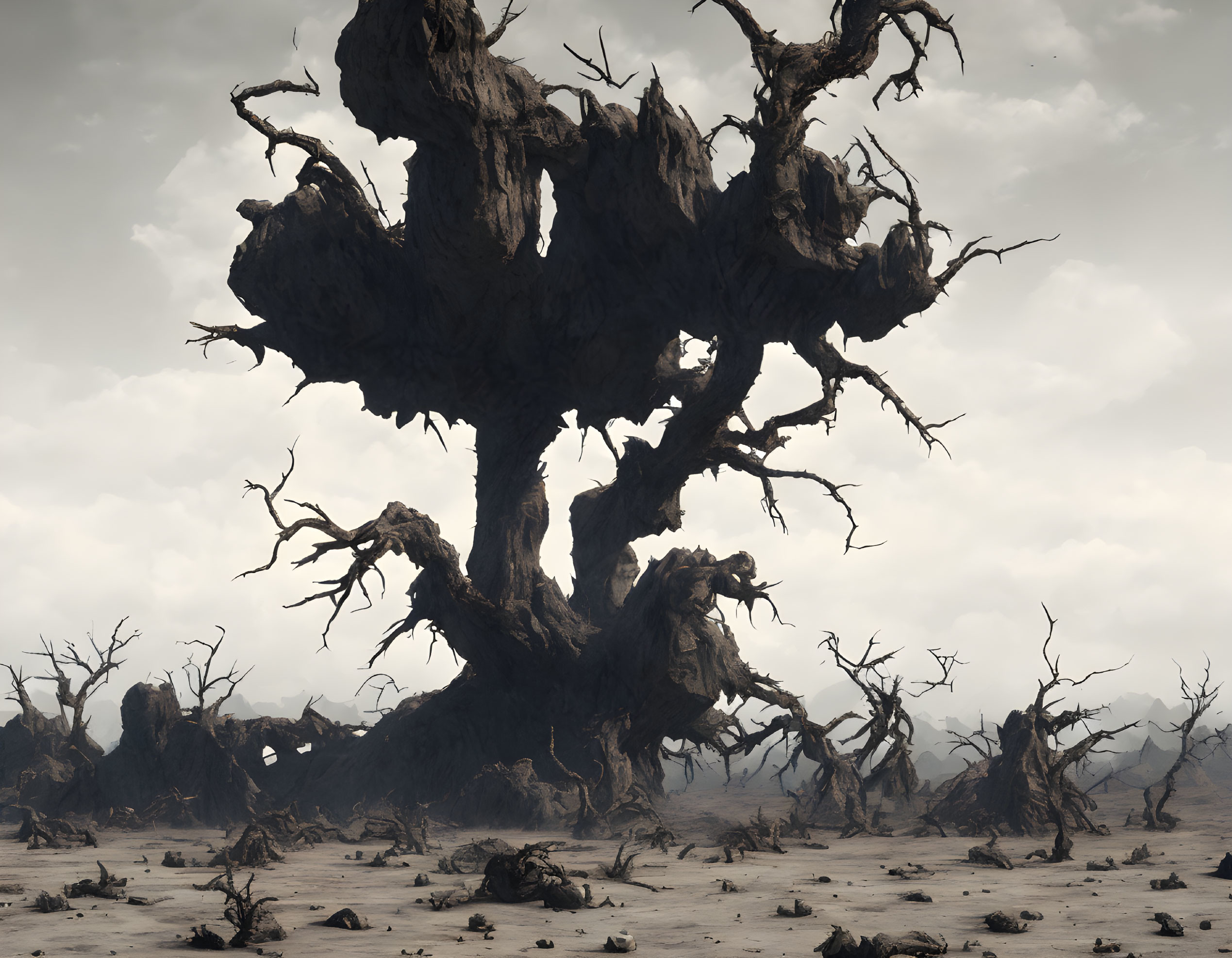 Twisted ancient tree in barren landscape under dramatic sky