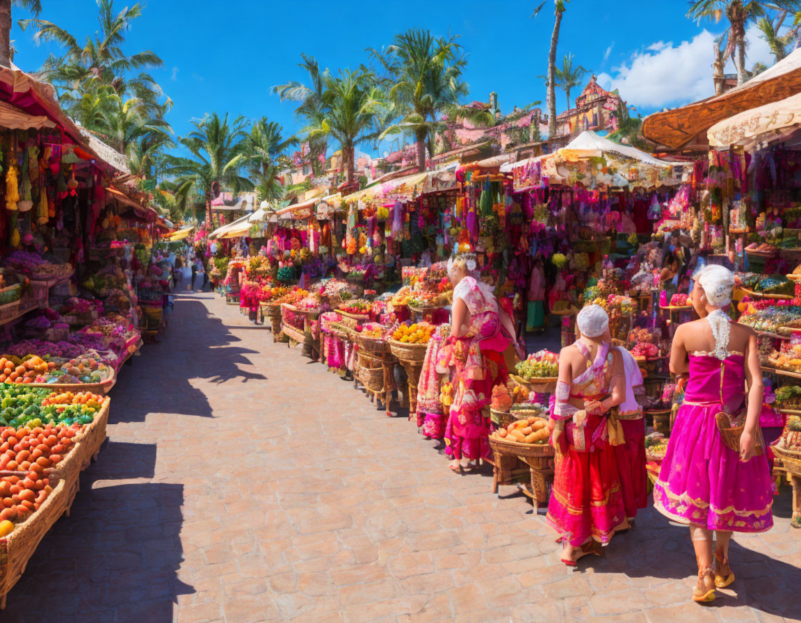 Colorful fruits and vegetables at vibrant outdoor market under clear blue sky