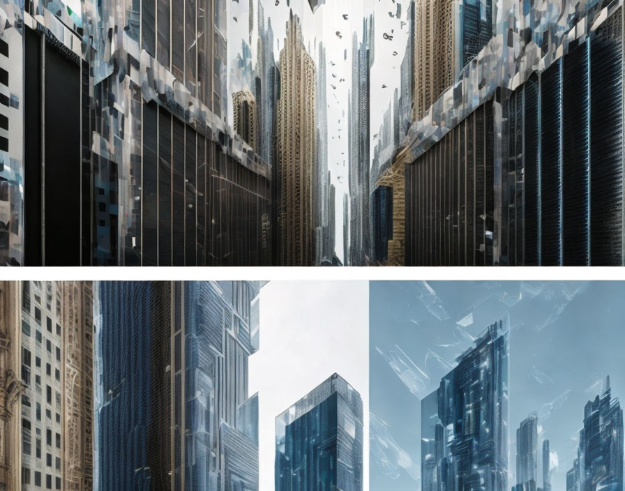 Skyscraper Collage with Fragmented Mirrored Upper Sections