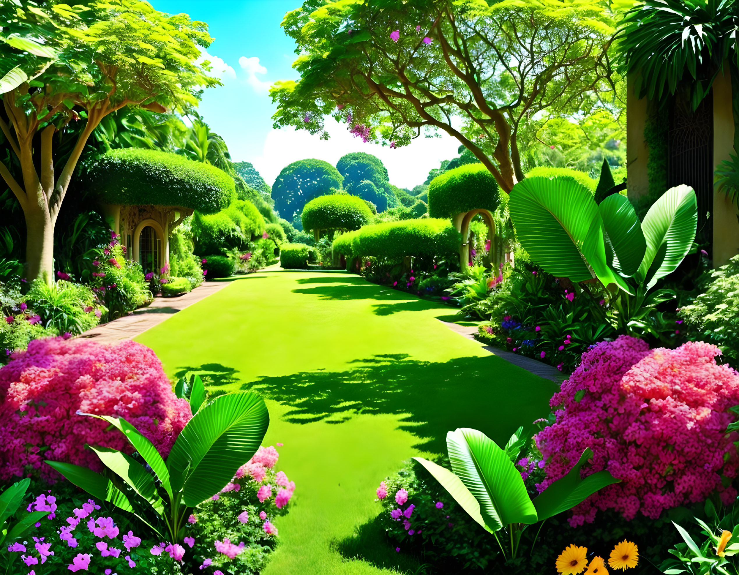 Manicured garden with colorful flowers and lush green trees