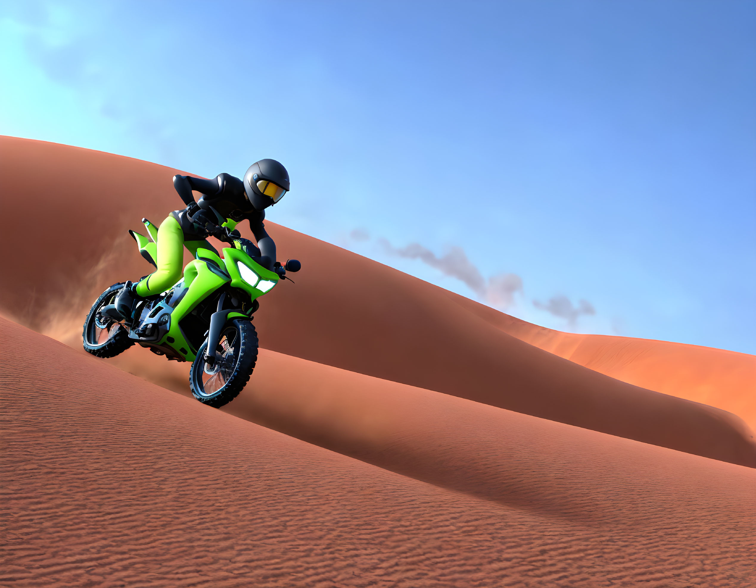 Person in riding gear on green dirt bike in sandy dunes under clear sky