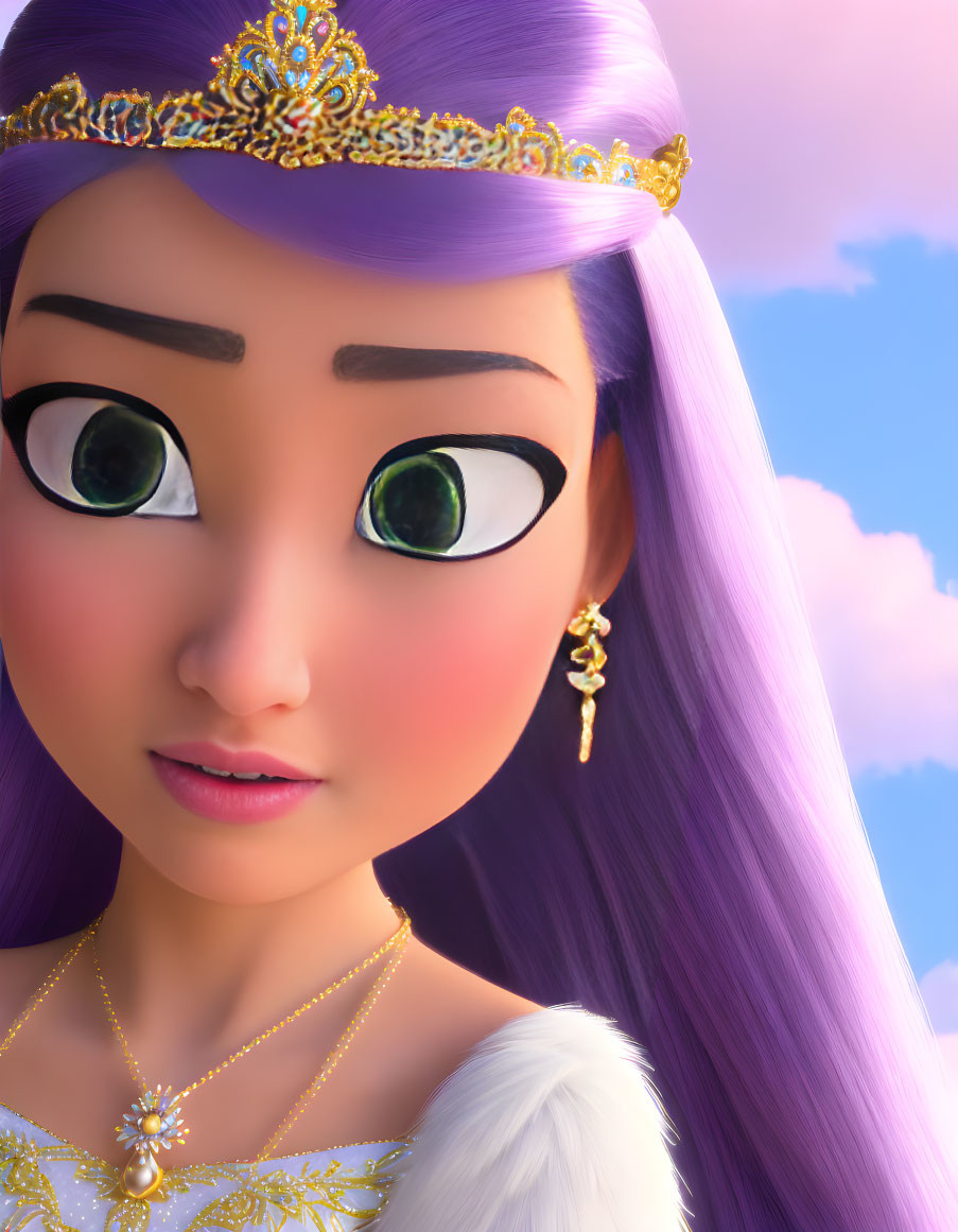 Animated princess with large green eyes, purple hair, gold tiara, and feathered accessory