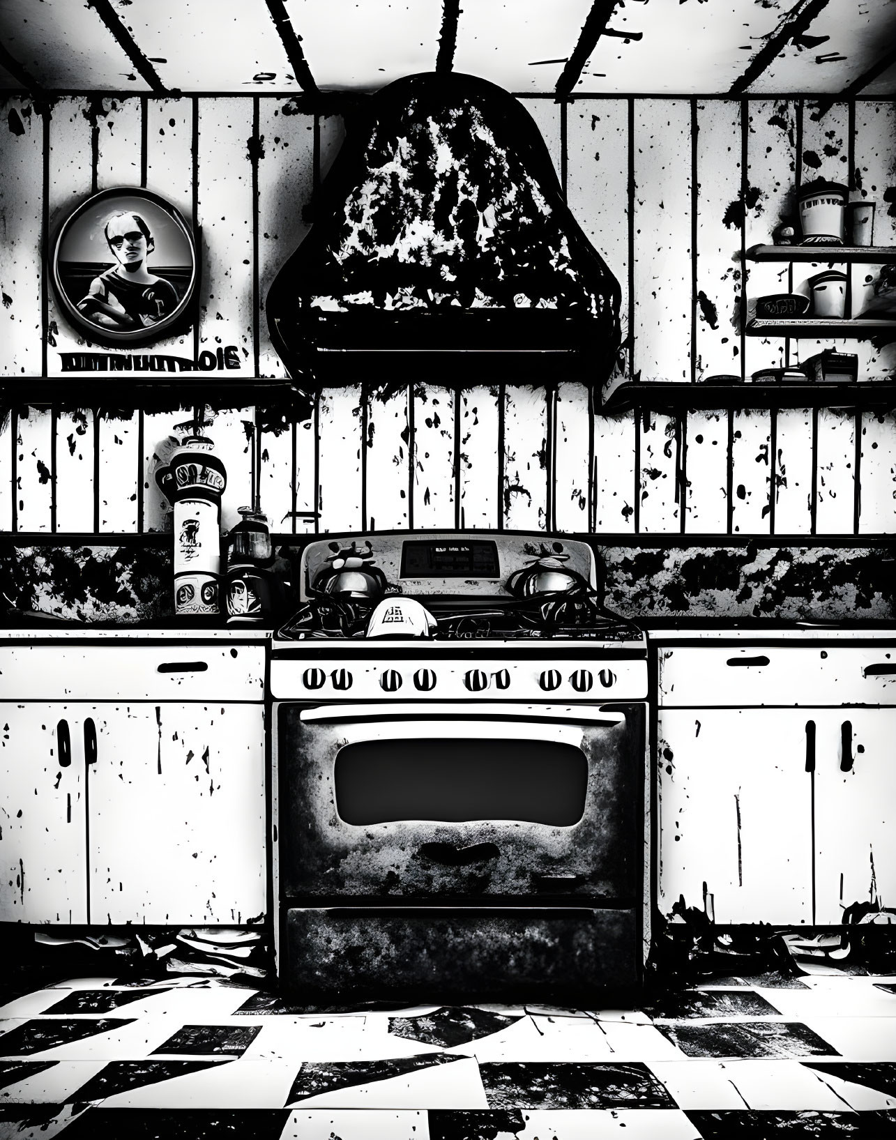 Vintage kitchen with checkerboard floor and eerie vibe