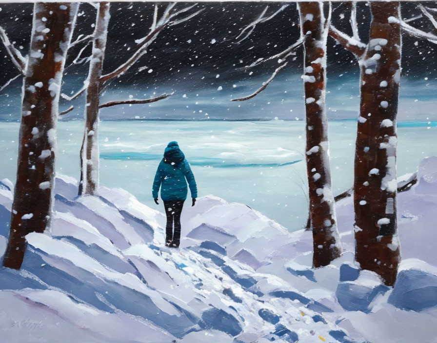 Person in teal jacket gazes at snowy night sky in woods