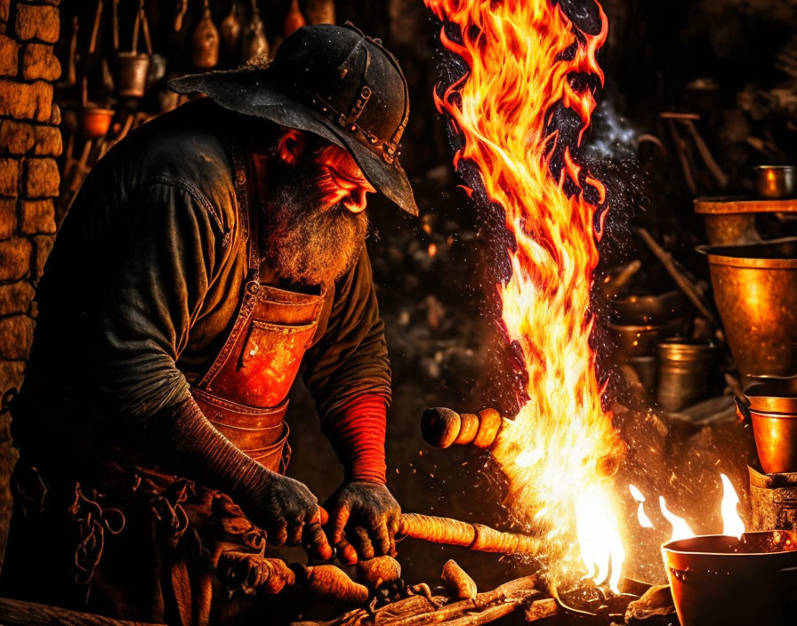 Blacksmith in hat works metal in fiery traditional forge