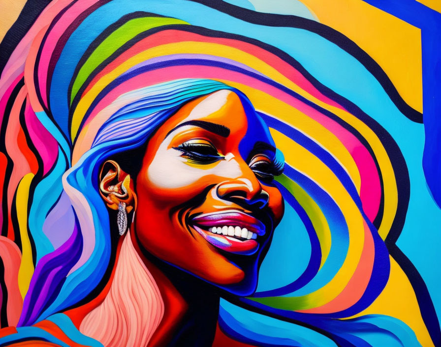 Colorful painting of smiling woman with vibrant swirls in background