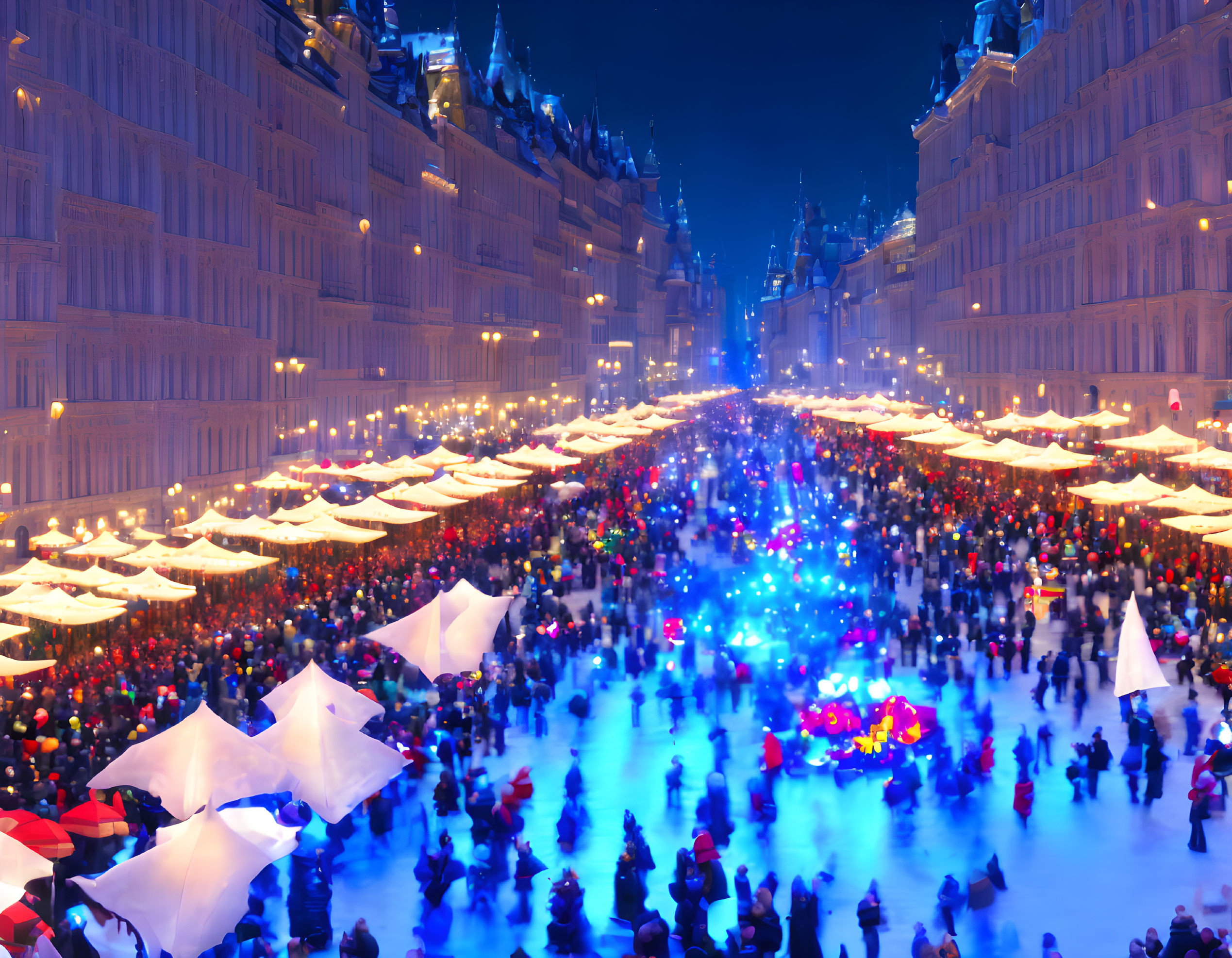 Vibrant Night Street Market with Illuminated Stalls