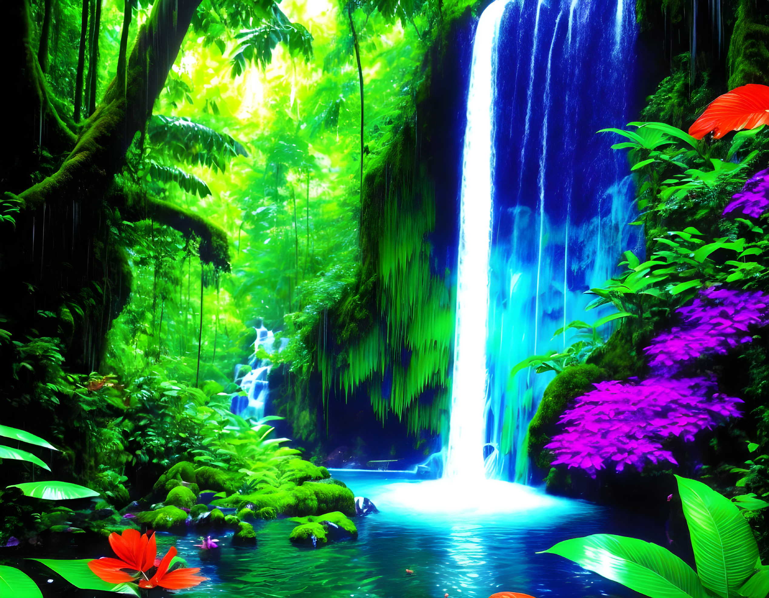 Tropical forest waterfall scene with lush greenery