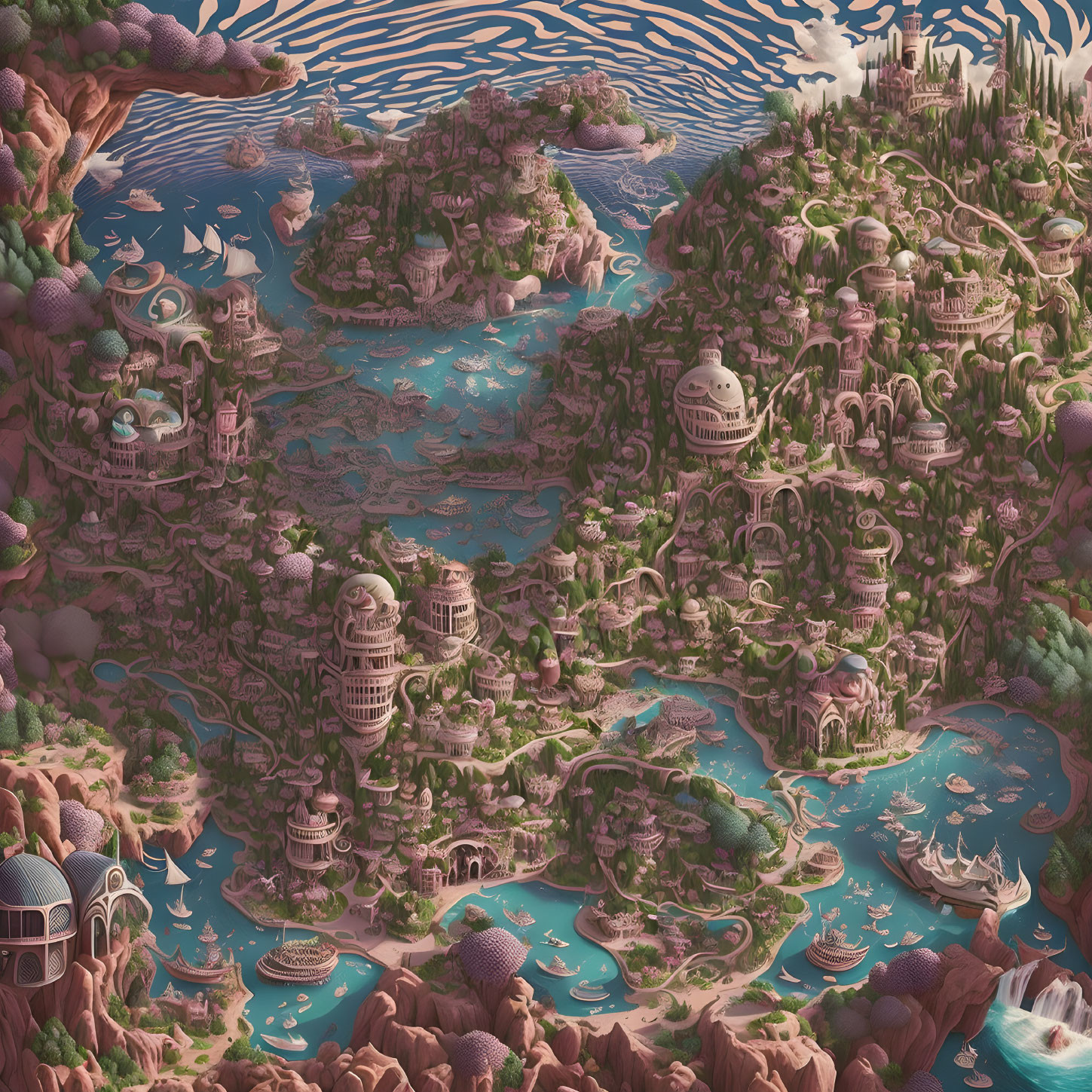 Whimsical landscape with pink trees and intricate waterways