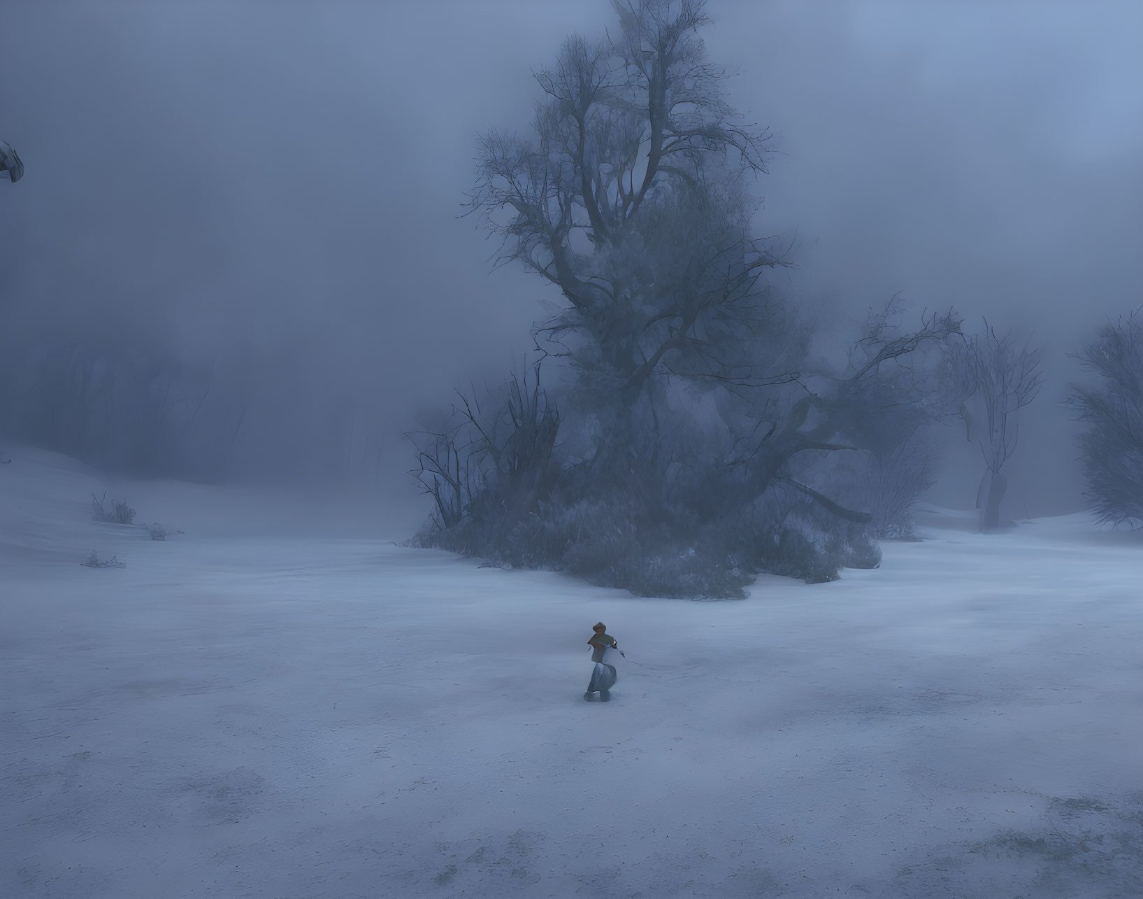 Solitary figure under bare tree in snowy, foggy landscape