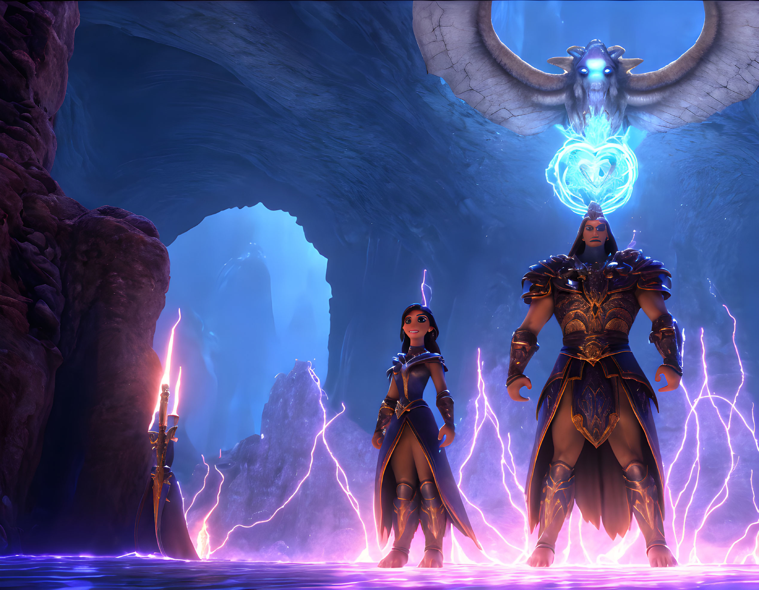 Male and female animated characters in elaborate armor in mystical cave with glowing blue emblem.