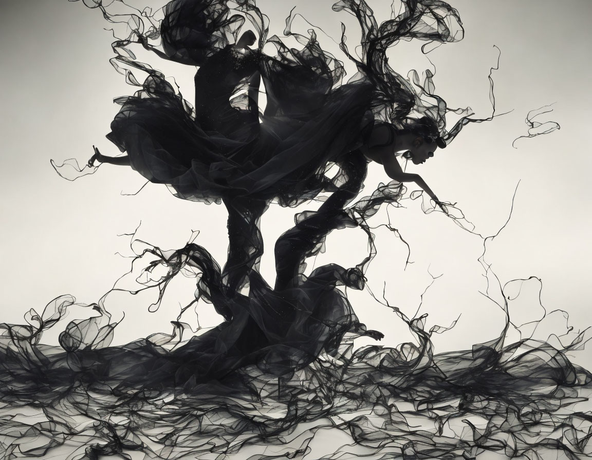 Monochrome image of ethereal figure with smoky tendrils