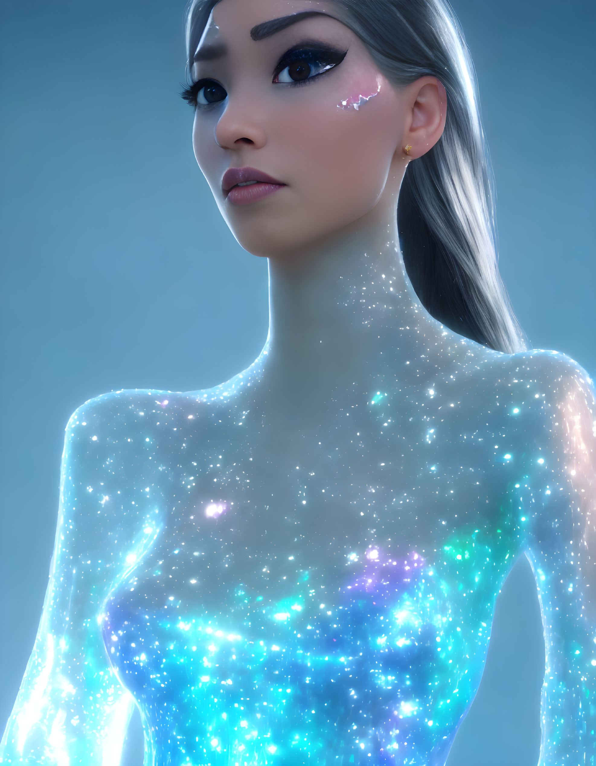 Female Figure with Galaxy-Themed Skin and Starry Effects