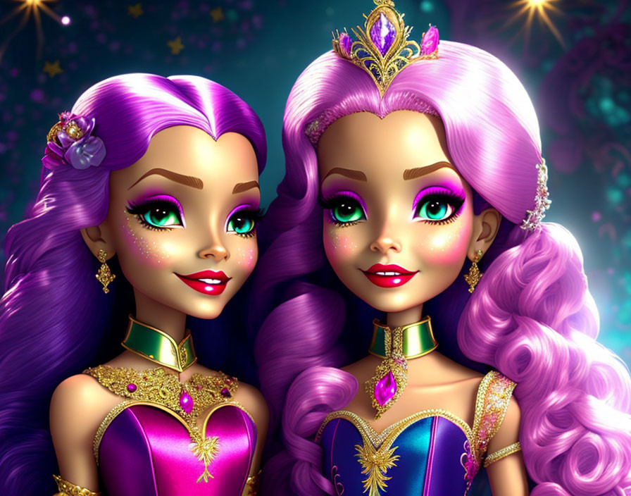 Vibrant purple-haired princesses in ornate gowns on starry backdrop