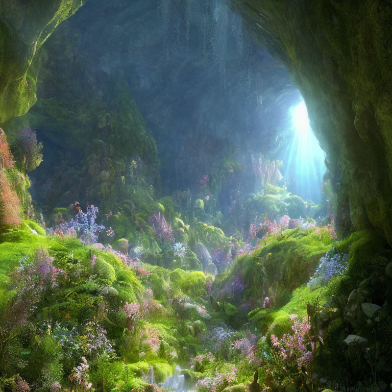 Underground Cavern with Lush Greenery and Flowers