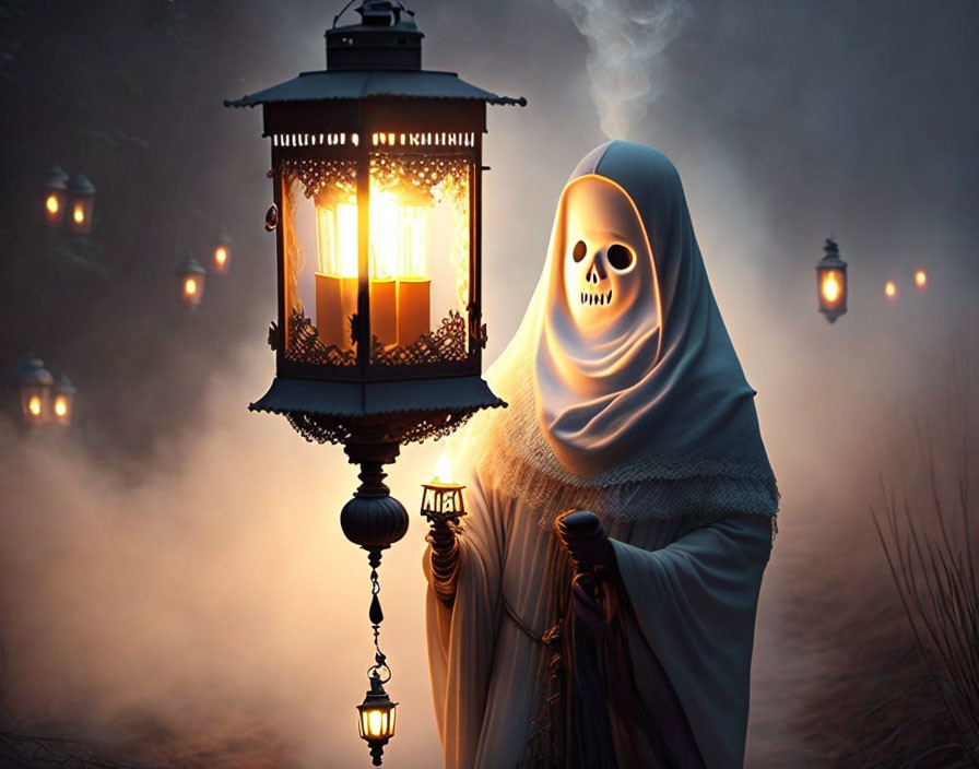 Skull-faced figure in hooded cloak with lantern in misty setting