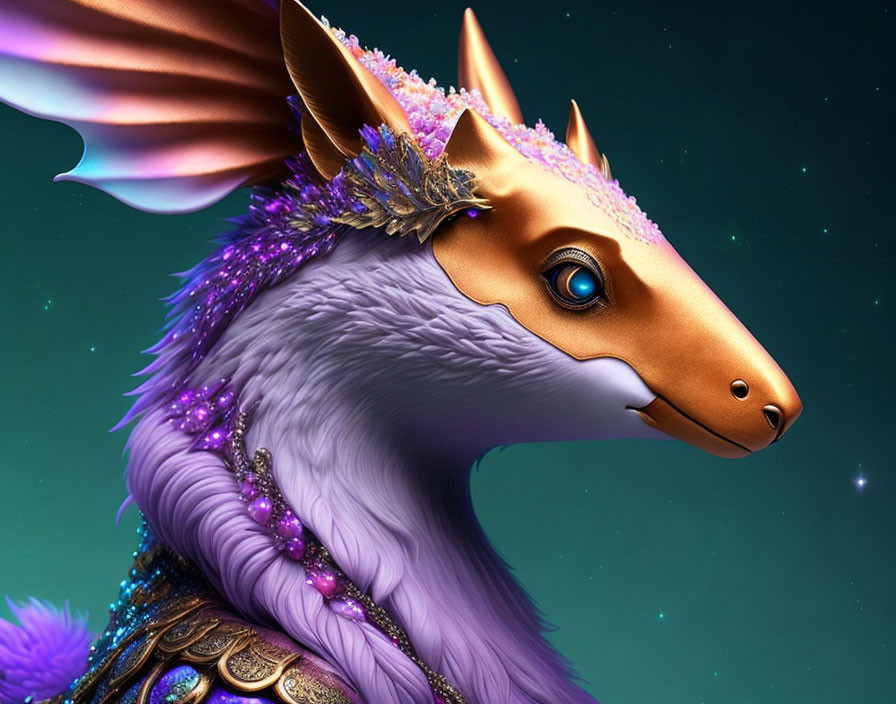 Vibrant purple dragon creature with golden accents on starry background