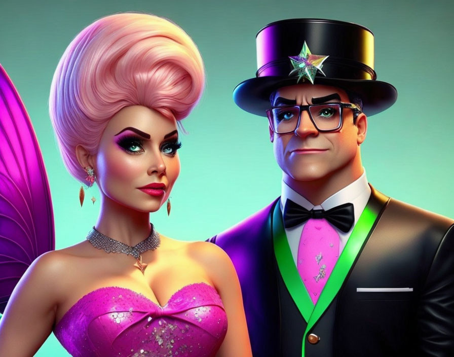 Vintage-style man in tuxedo and top hat beside woman with pink beehive hair and spark